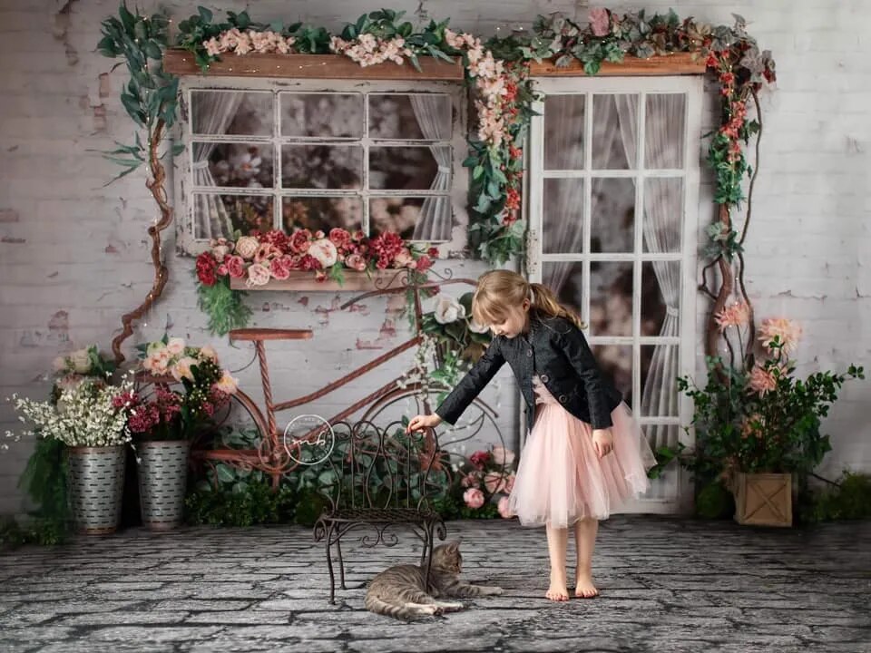 Garden Bicycle Backdrops Kids Adult Cake Smash Photocall Baby Portrait Props Baby Shower Spring Flower Decors Background