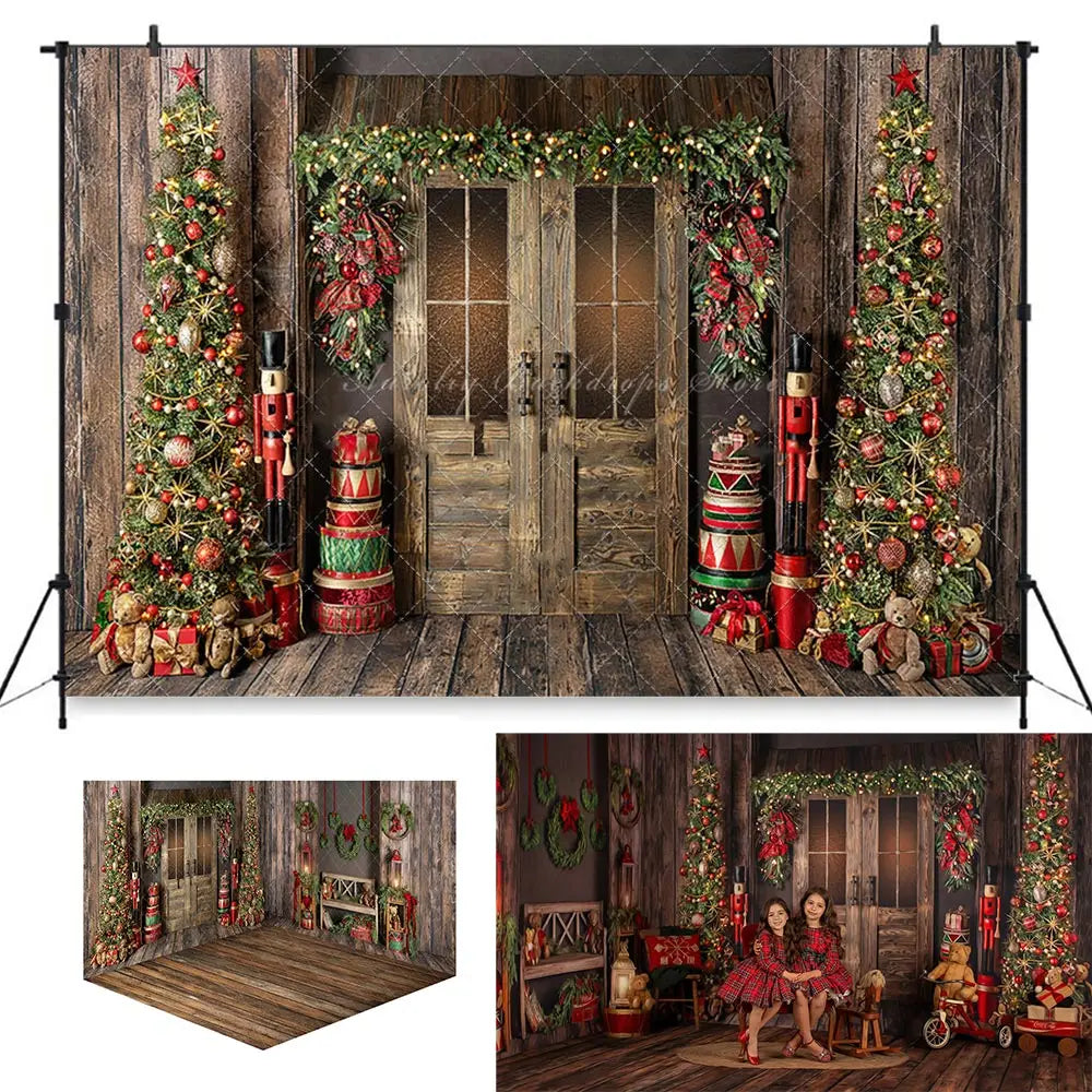 Christmas Wooden House Photography Backdrop Wreath and Garlands Decorated Child Baby Birthday Cake Smash Photocall Decor