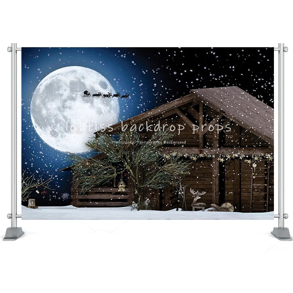 Christmas Santa Backdrop Flying to the Moon Window Snow Tree Street Backdrop Night Sky Reinder Snow Background Photobooth