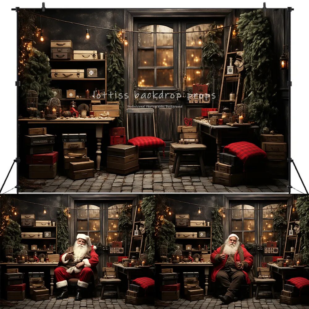 Santas Work Station Backdrop Kids Baby Photogrpahy Props Child Adult Photocall Christmas Trees House Background