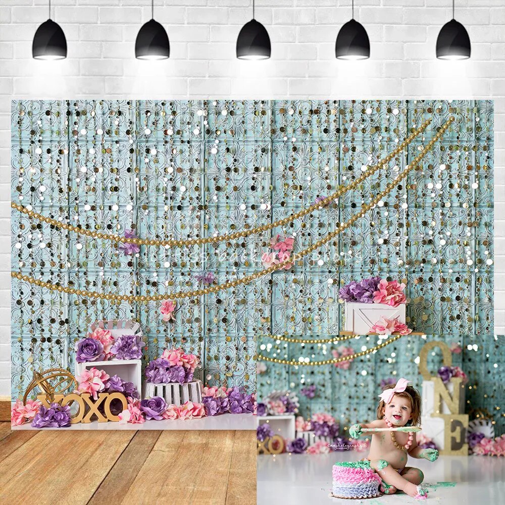 Flashing Curtain Kids Cake Smash Photography Backdrops Birthday Floral Baby Child Party Props Background Photostudio