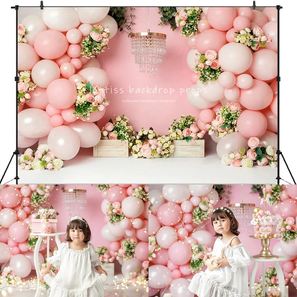 Pink Balloons Arch Backdrops Girl Kids Photography Props Child Adult Photocall Birthday Cake Smash Decors Backgrounds