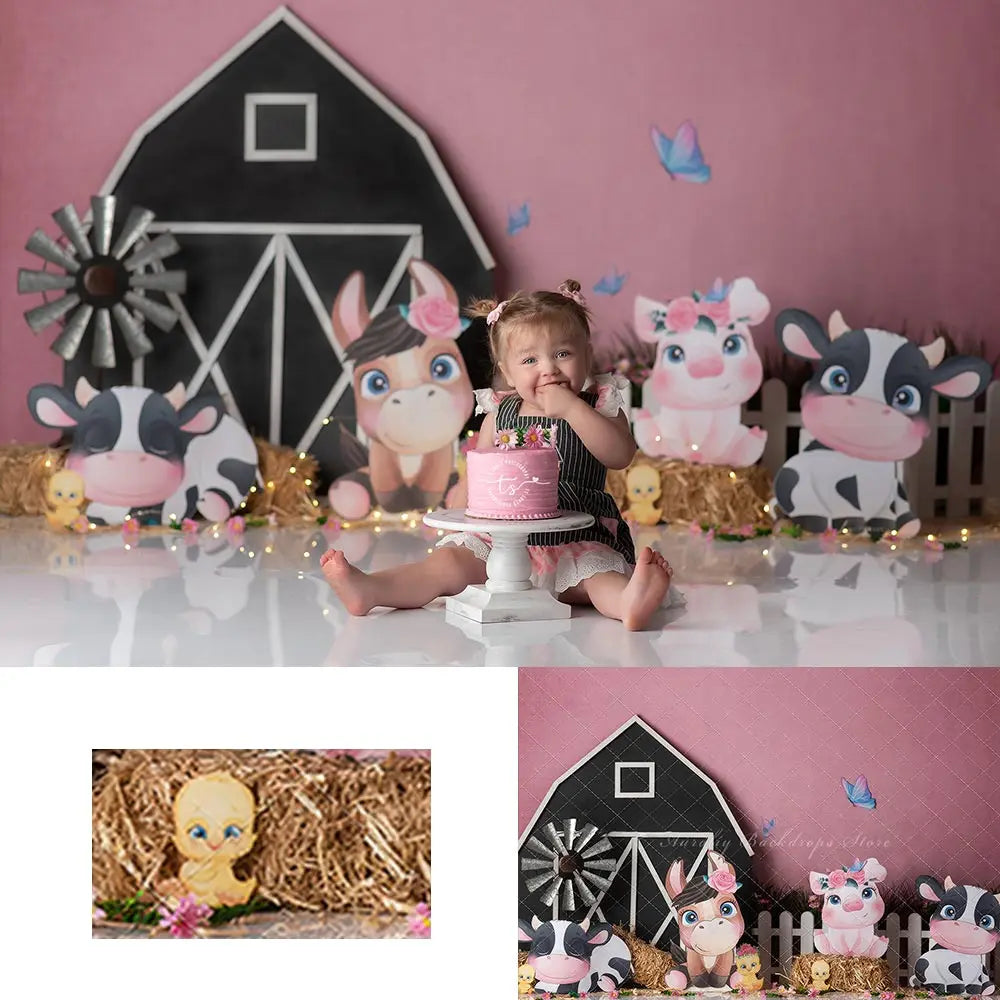 Farm Theme Backdrop Barn and Cow Kids Baby Cake Smash Photography Props Child Adult Birthday Photo Shoot Backgrounds