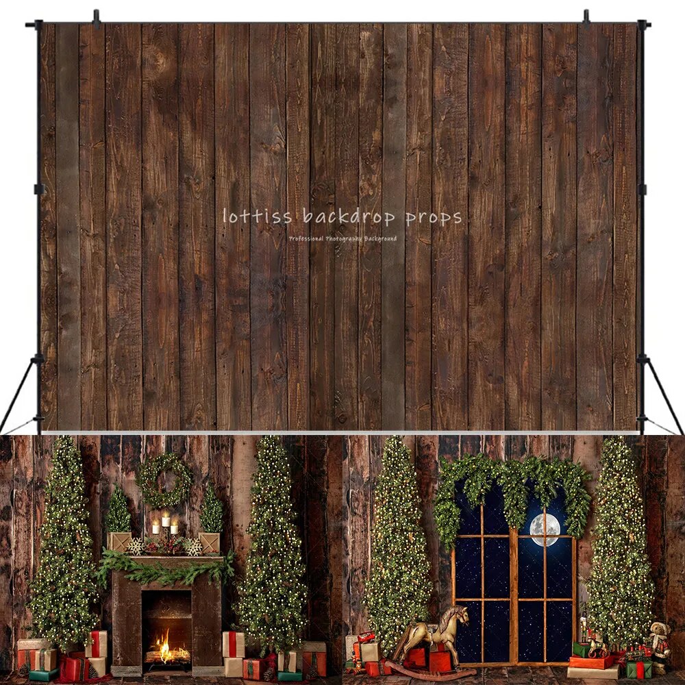 Classic Rustic Window Trees Xmas Backdrops Kids Family Photography Baby Adult Photocall Winter Christmas Fireplace Background