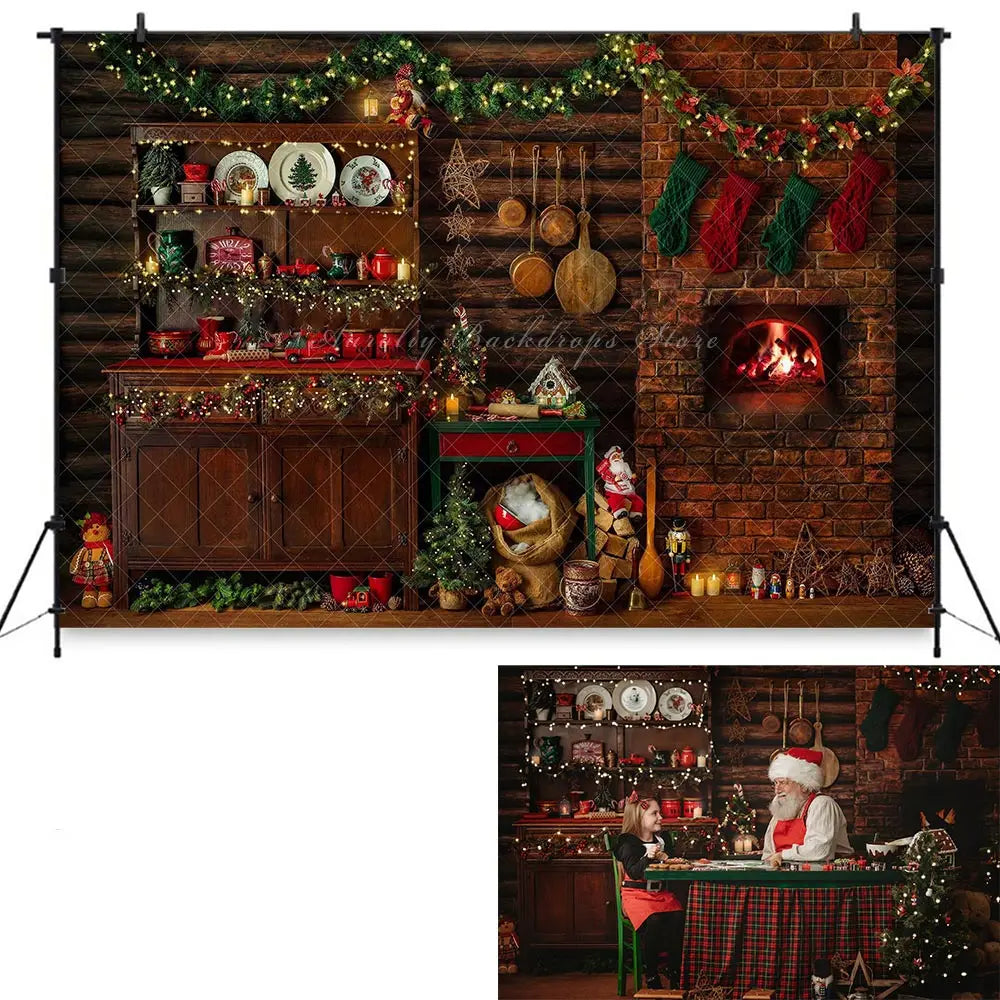 Merry Christmas Backdrop Fireplace Christmas-tree Kids Baby Cake Smash Photography Props Child Family Photoshoot Backgrounds