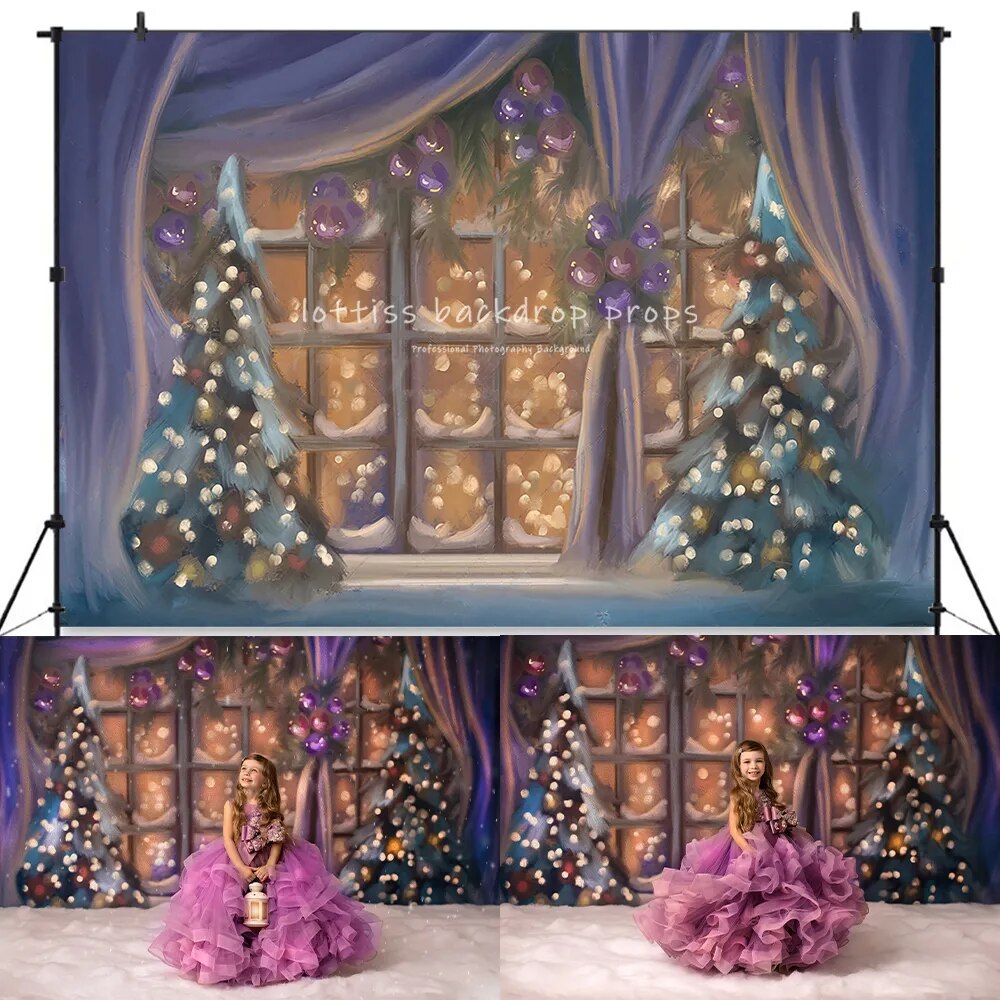 Noël maison enneigée décors bébé enfants Portrait photographie enfant Photostudio arbres de noël hiver neige bonbons arc arrière-plans 