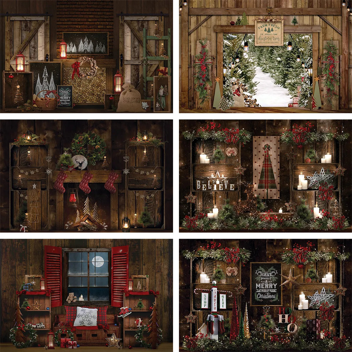 Christmas Fireplace Backdrop For Photography Xmas Wooden House Toys Trees Window Wood Floor Child Portrait Background Props