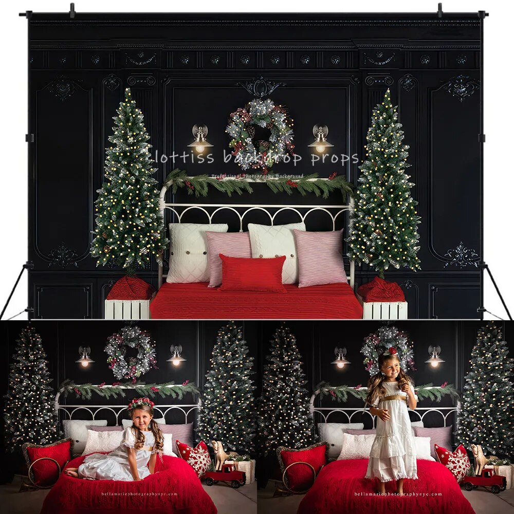 Christmas Wreath Headboard Backdrops Kids Adult Photography Props Adult Baby Photocall Decors Xmas Brick Wall Bed Background