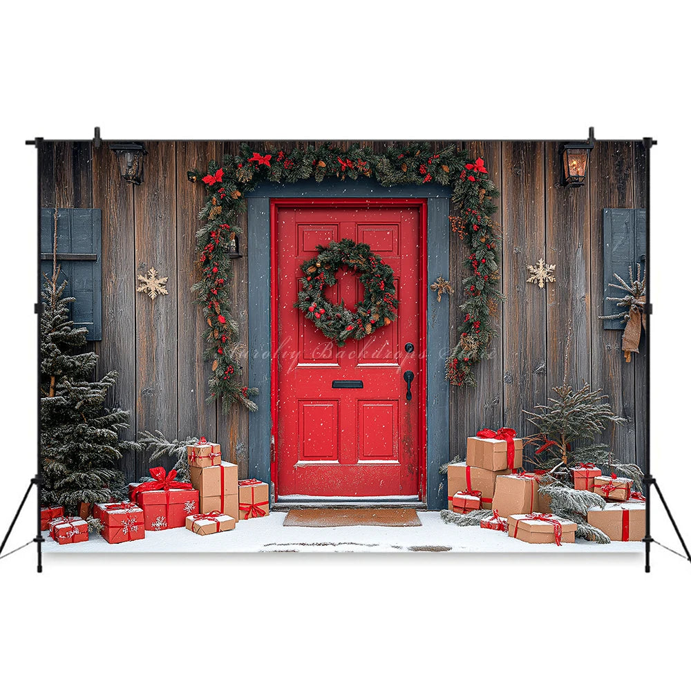 Christmas Red Door With Wreaths And Garlands Photography Backdrop Baby Kids Portrait Family Party Photocall Studio Backgrounds