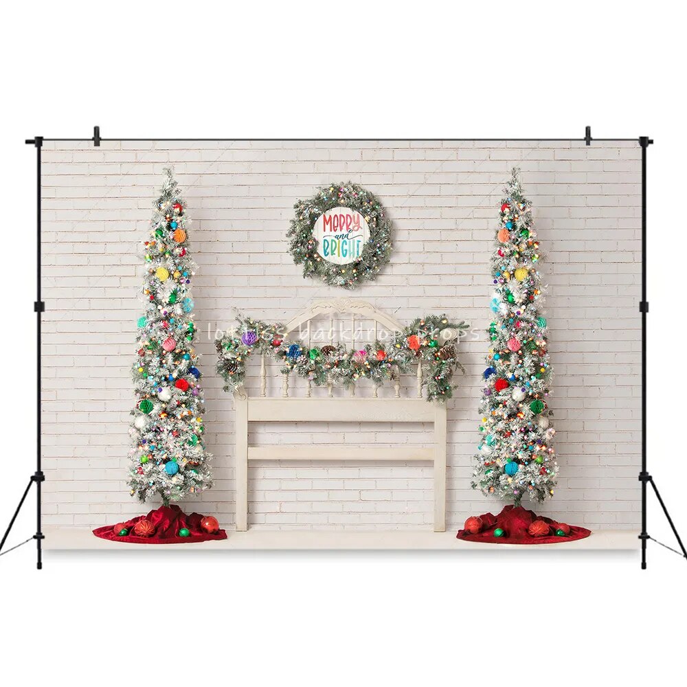 Décor de tête de lit de noël, couronne d'arbres de noël, décor de cheminée, arrière-plan pour enfants, Portrait de bébé, photographie, accessoires de studio photo 