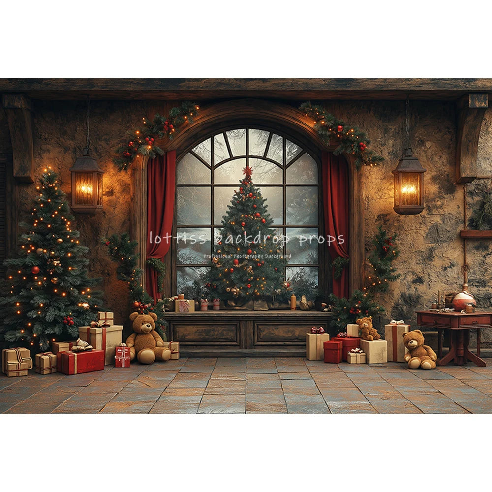 Christmas Trees Room Backdrops Kids Family Photography Child Adult Photocall Winter Fireplace Retro Cottage Backgrounds