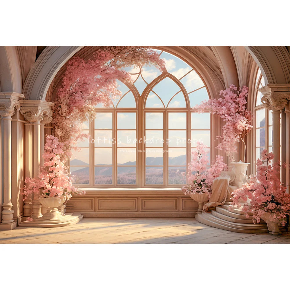 Spring Windows Backdrops Kids Girl Photography Child Adult Photocall Roses Vases Room With Pink Curtains Garden Backgrounds