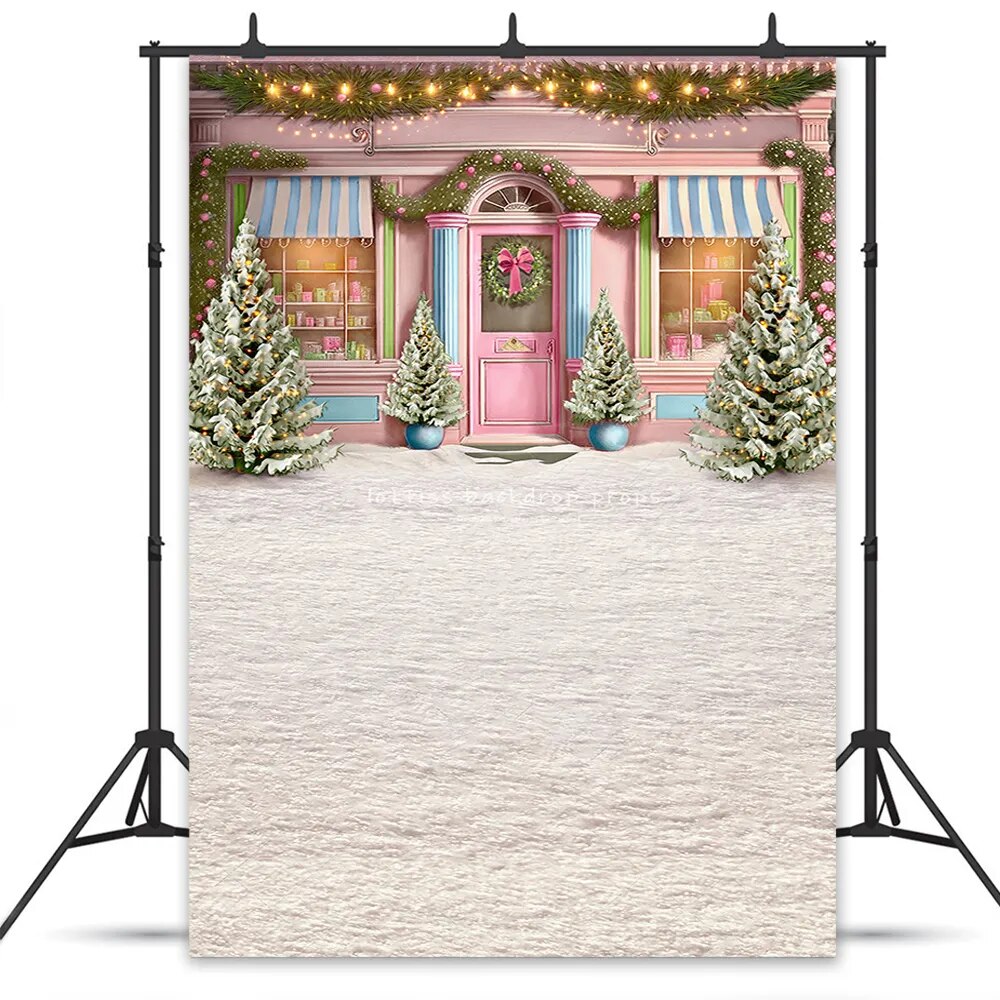 Foresty Sweet Shop – arrière-plan de noël pour enfants et filles, accessoires de photographie pour enfants et adultes, hiver, noël, rose, neige, arrière-plan avant de magasin