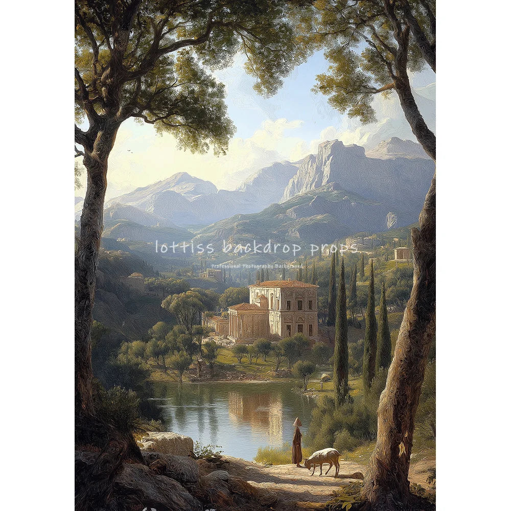 Countryside River Cottage Vintage Scenery Oil Painting Photography Backdrops Kids Adult Photocall Sunset Village Backgrounds