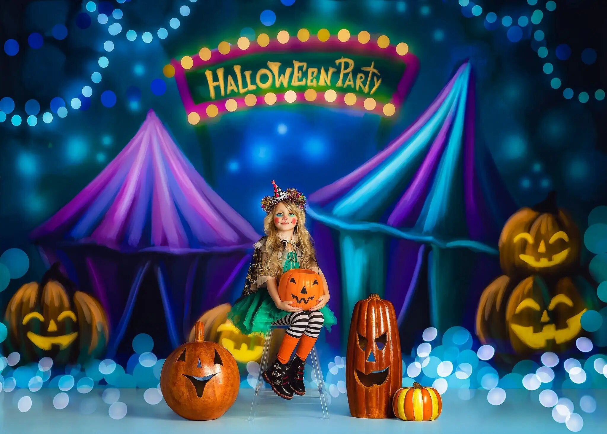 Arrière-plan de fête d'halloween, photographie d'enfant et adulte, tente de cirque, lanterne de citrouille, décor de gâteau d'anniversaire, arrière-plan de Festival Smash 