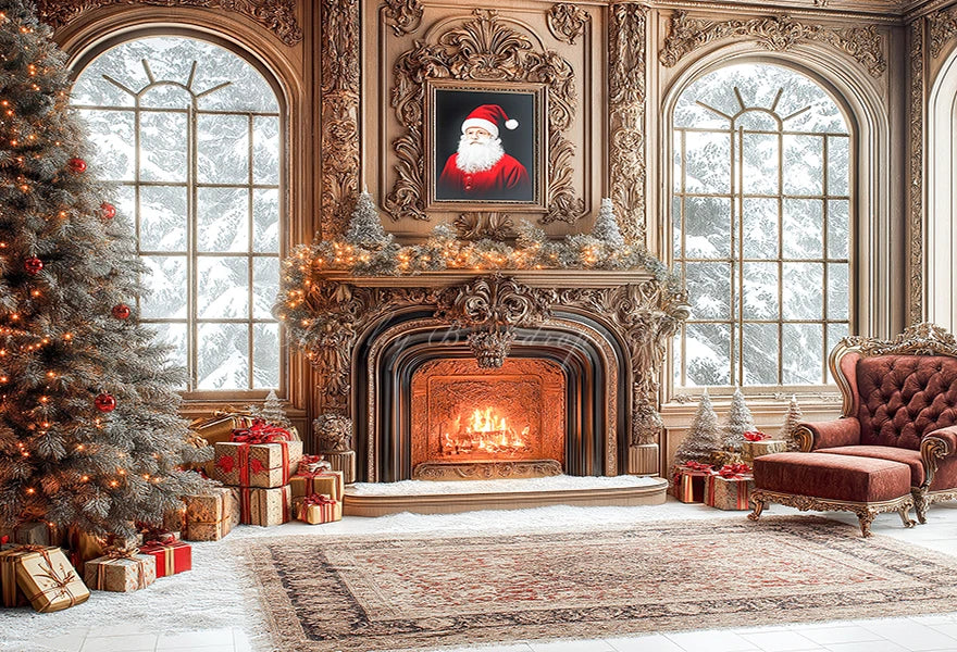 Christmas Arched Window with Xmas Tree Backdrop White Room Fireplace Baby Kids Portrait Family Party Photocall Photograhy Decors