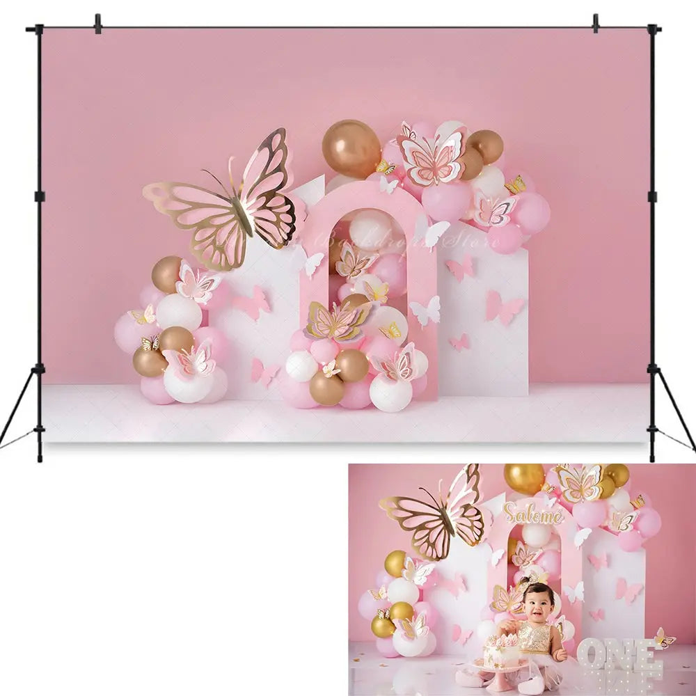 Prettiest Golden Butterflies Backdrop Kids Baby Cake Smash Photography Props Balloons Arch Child Girls Adult Studio Backgrounds