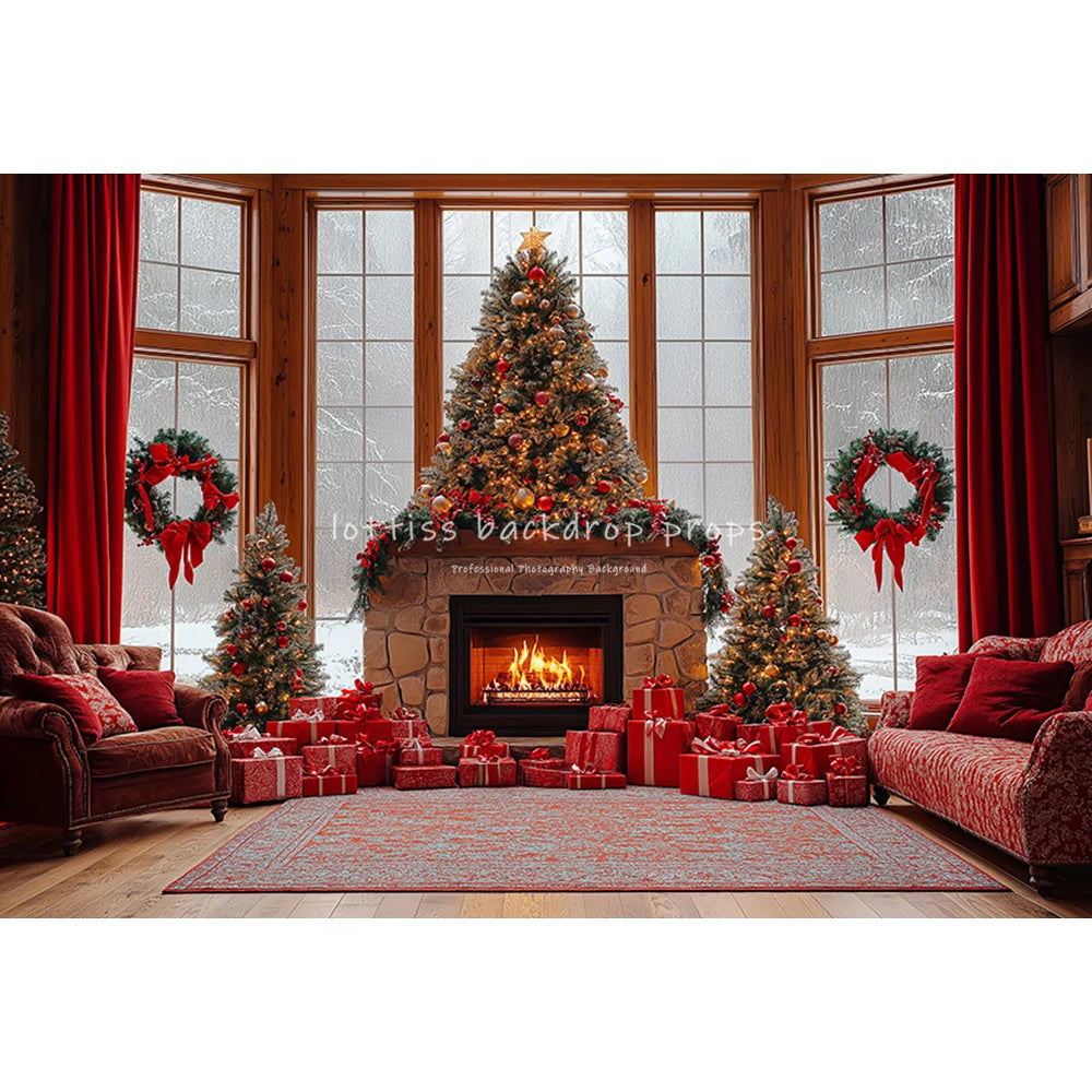 Christmas Windows Santa Fireplace Backdrops Kids Adult Child Baby Photocall Xmas Trees Living Room Red Curtains Backgrounds