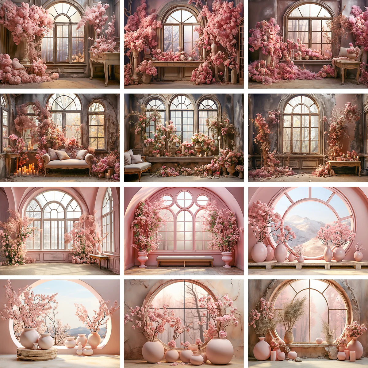 Spring Windows Backdrops Kids Girl Photography Child Adult Photocall Roses Vases Room With Pink Curtains Garden Backgrounds