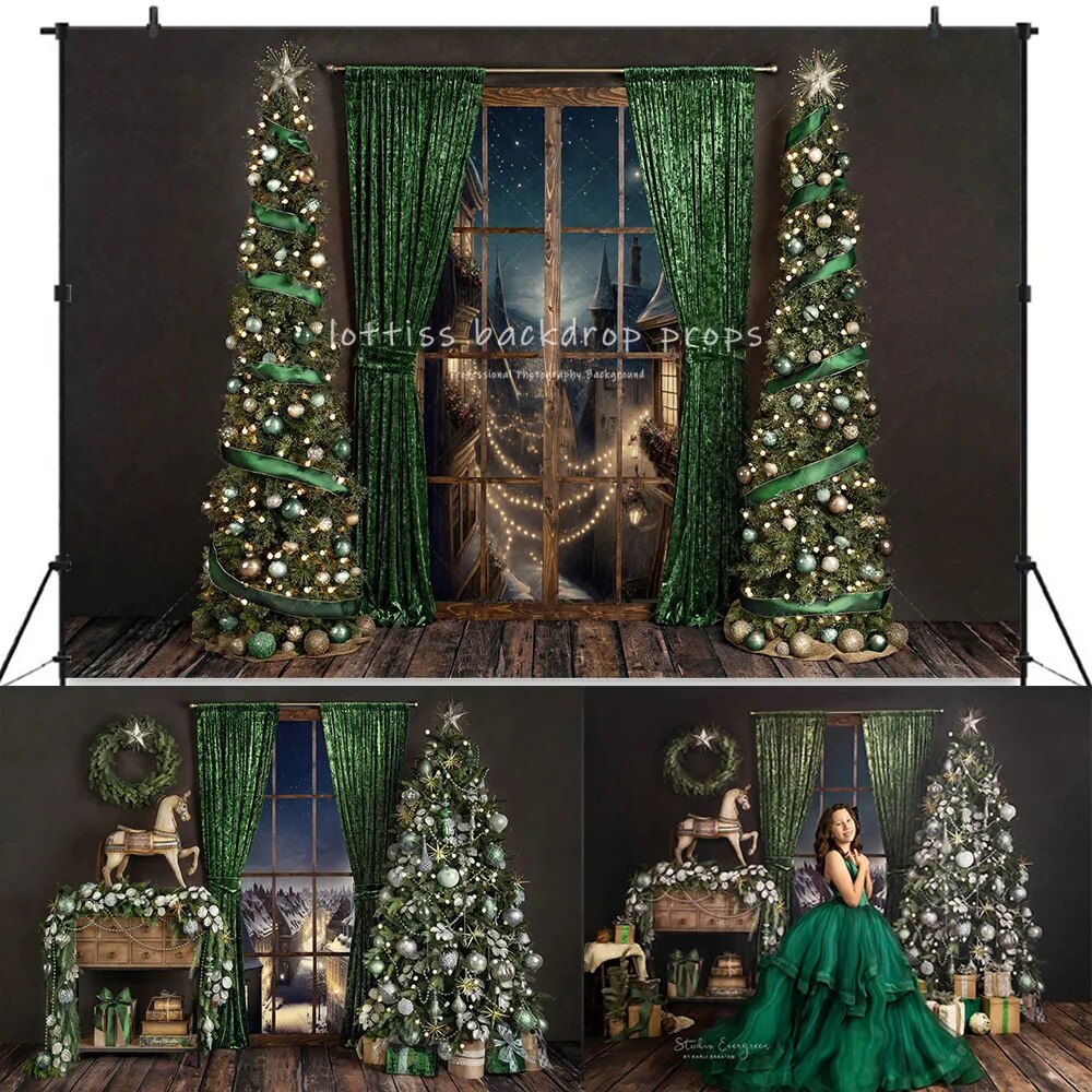 Cheerful Festivity Xmas Fireplace Backdrops Adult Portrait Kids Girl Photocall Green Window Living Room Background