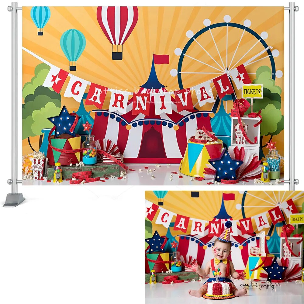 Carnaval cirque photographie décors enfant Camsh enfant anniversaire accessoires bébé Portrait Clown grande roue ballon à Air chaud fond 