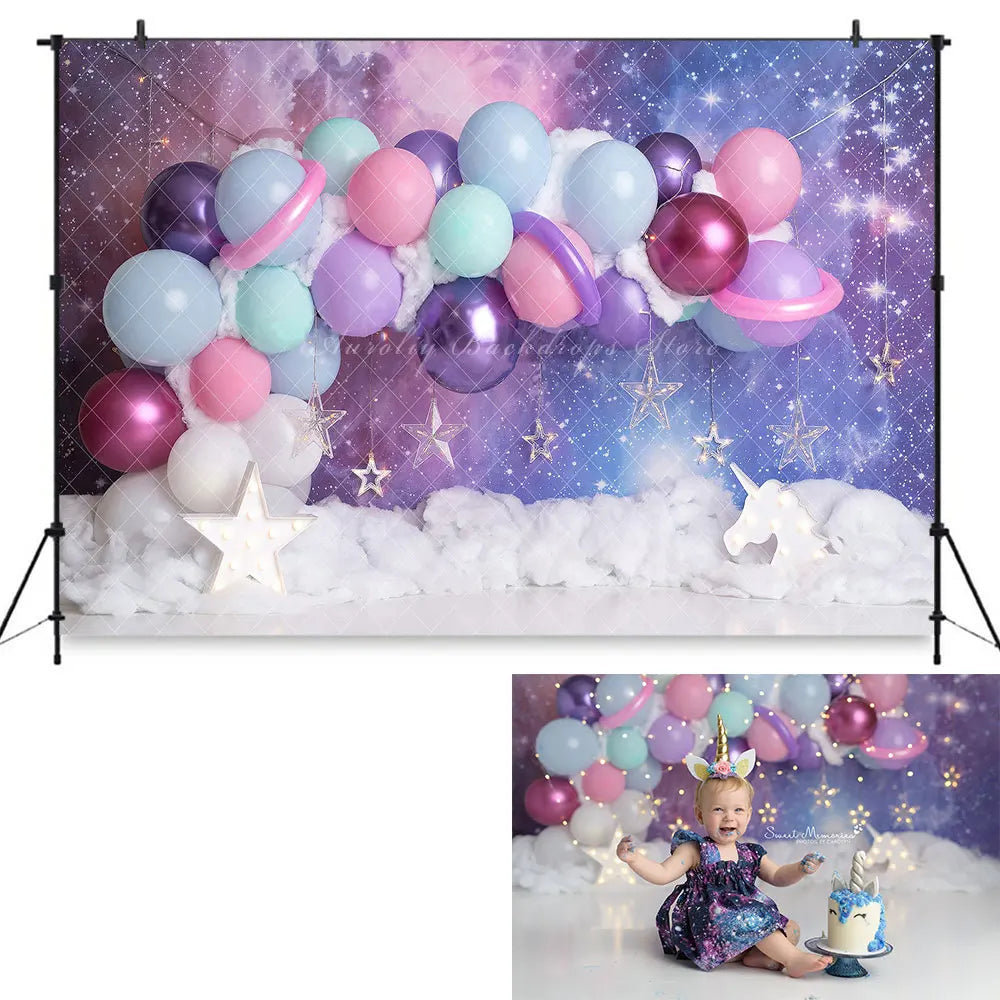 Cartoon Backdrop Unicorn Kids Girls Cake Smash Photography Props Starry Sky Child Adult 1st Birthday Photocall Decors Background