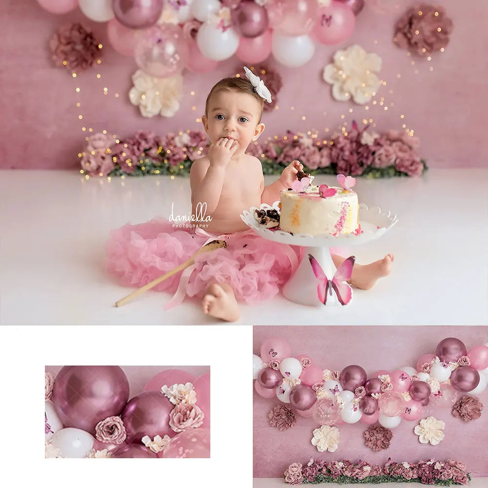 Pretty Pink Butterfly Garden Backdrop Balloons Kids Baby Cake Smash Photography Props Child Girls Adult Studio Backgrounds