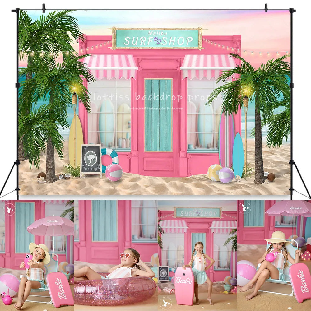 Summer Pink Luxury Car Beach Backdrops Kids Baby Photocall Portrait Photography Child Birthday Plam Trees Seaside Background