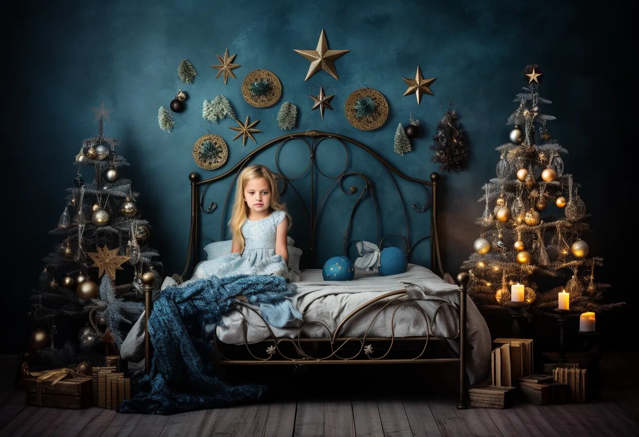 Arrière-plan de tête de lit de noël pour chambre à coucher, accessoires de photographie pour enfants et adultes, décors pour séance photo, arrière-plan d'arbres de noël dorés 