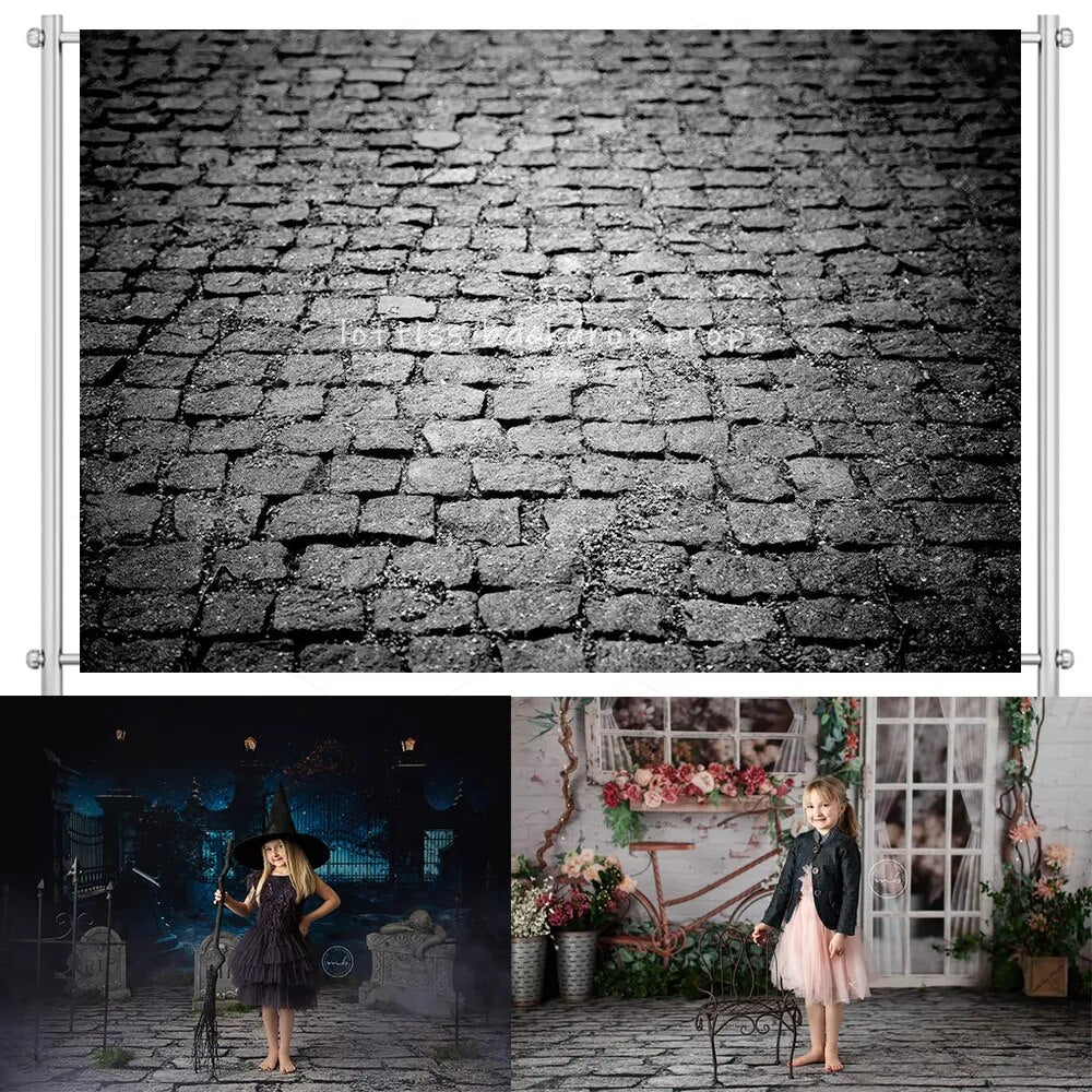 Dark Black Stone Road Background Cobblestone Floor Photography Props Texture Design Pavement Street Backdrops Photocall Props