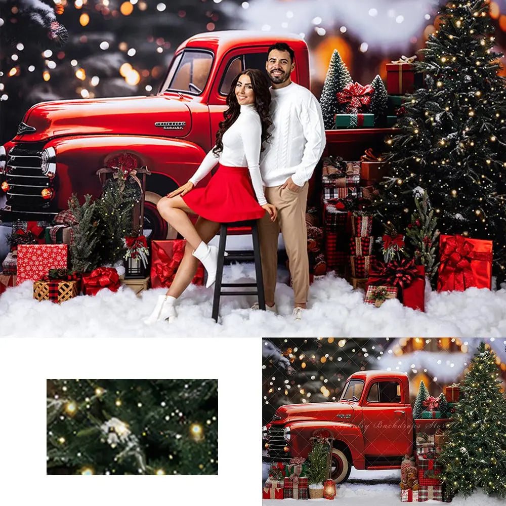 Vintage Red Christmas Truck Backdrop Christmas Tree and Gifts Photo Background for Birthday Party Decoration Kid Baby Photoshoot