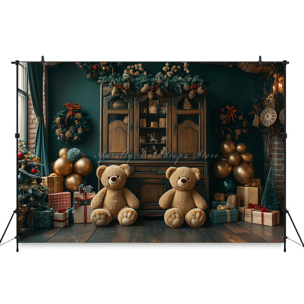 Christmas Theme Little Bear Backdrop Kids Baby Cake Smash Photography Props Fireplace Child Adult Photo Studio Backgrounds