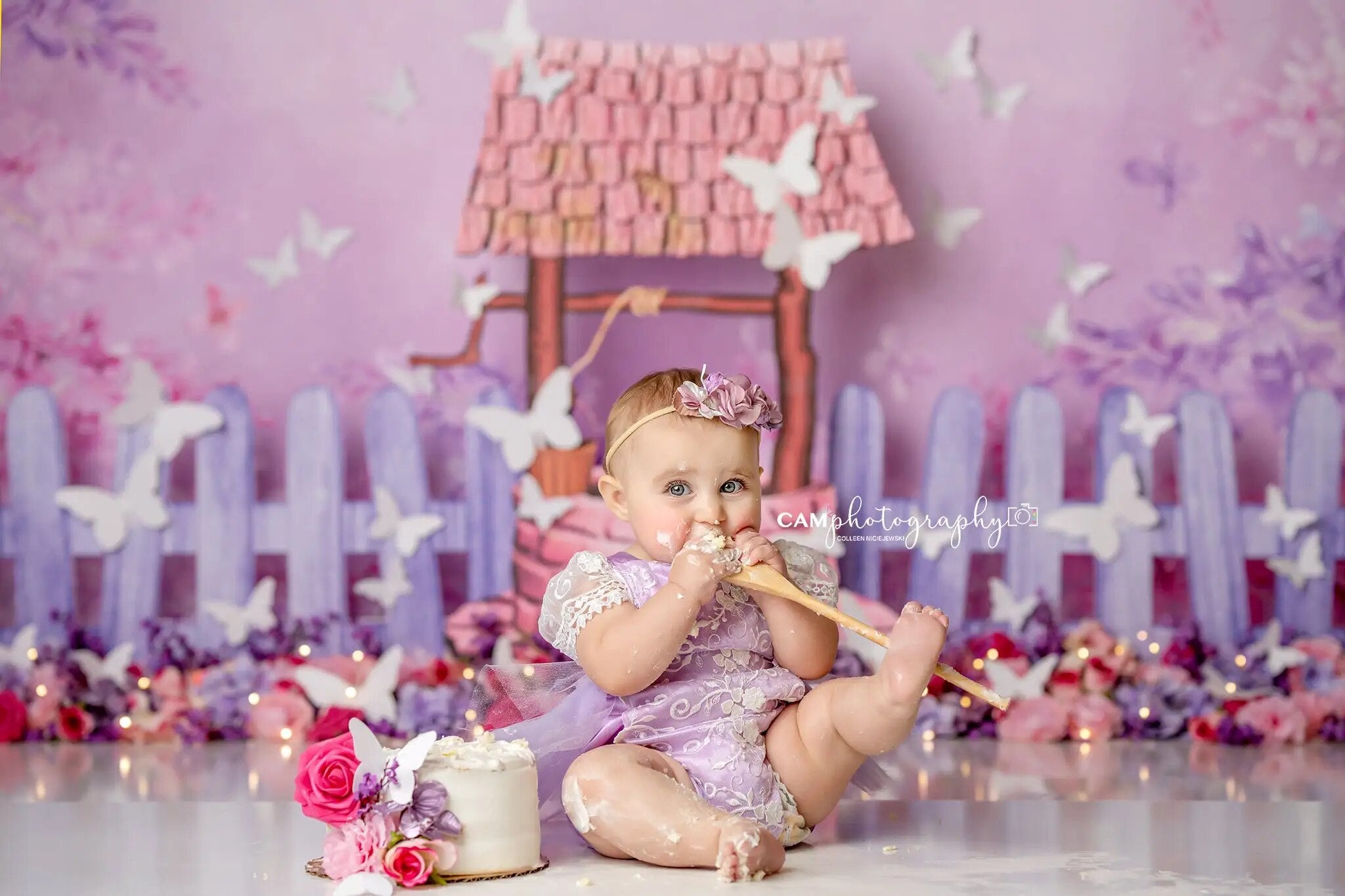 Princess Wishing Well Backdrop Kids Baby Cake Smash Birthday Props Child Adult Photocall Decors Spring Floral Background