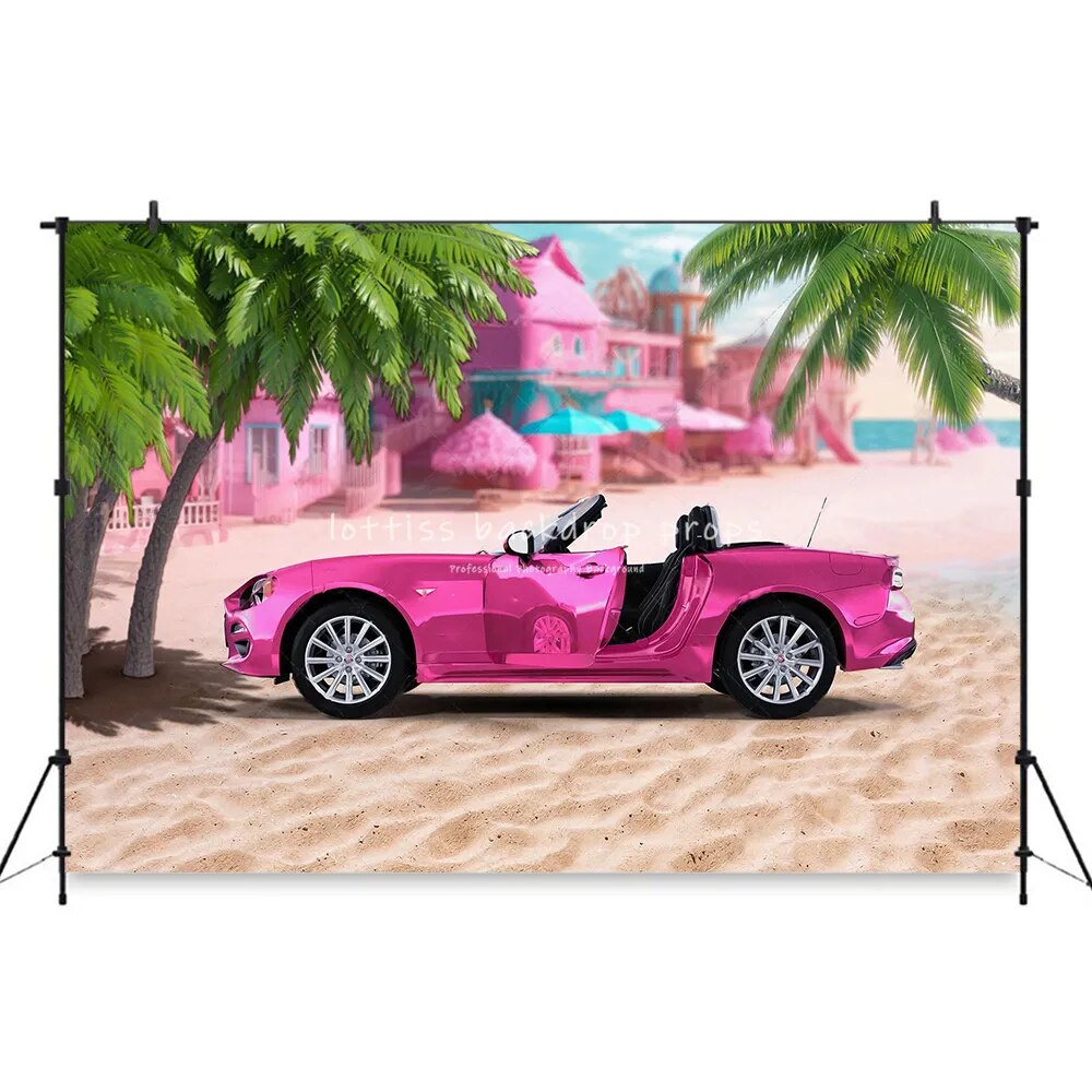 Summer Pink Luxury Car Beach Backdrops Kids Baby Photocall Portrait Photography Child Birthday Plam Trees Seaside Background