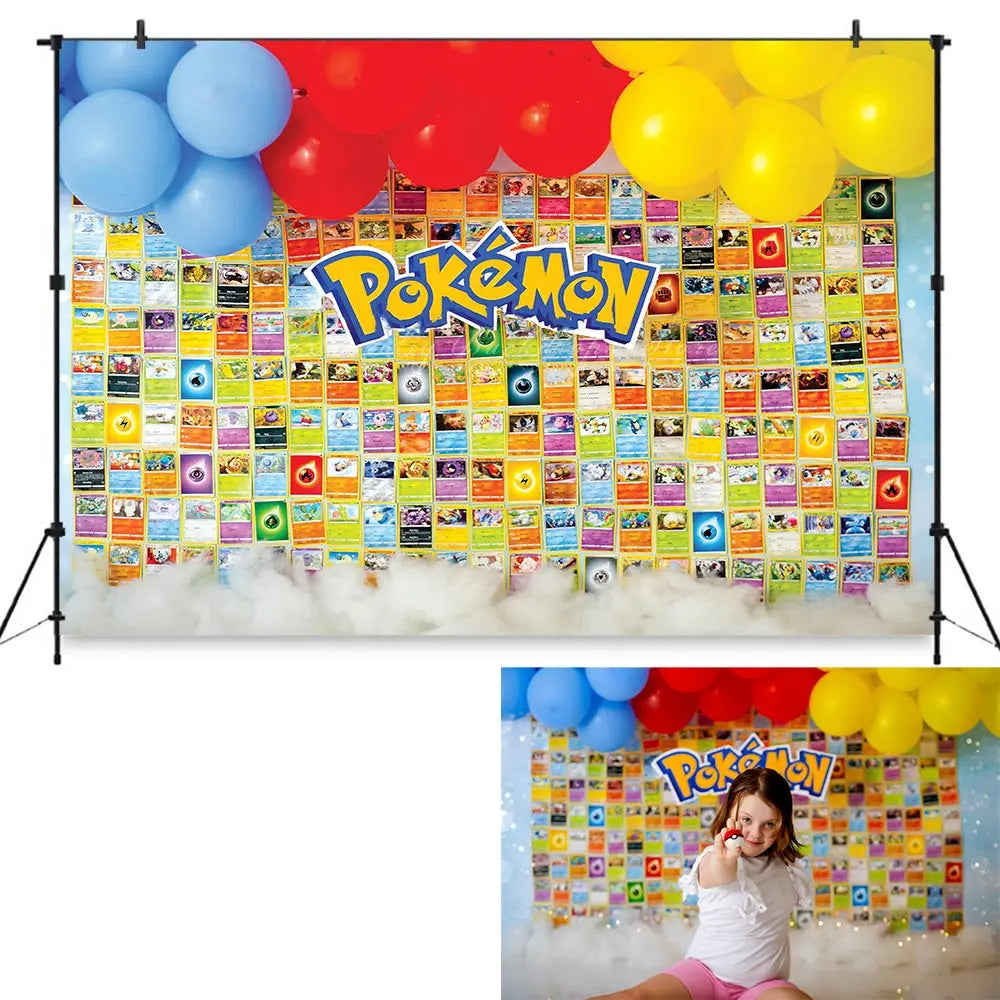 Pokemon Inspired Photography Backdrop Kids Baby Cake Smash Photocall Decors Balloon Garland Child Adult Birthday Backgrounds