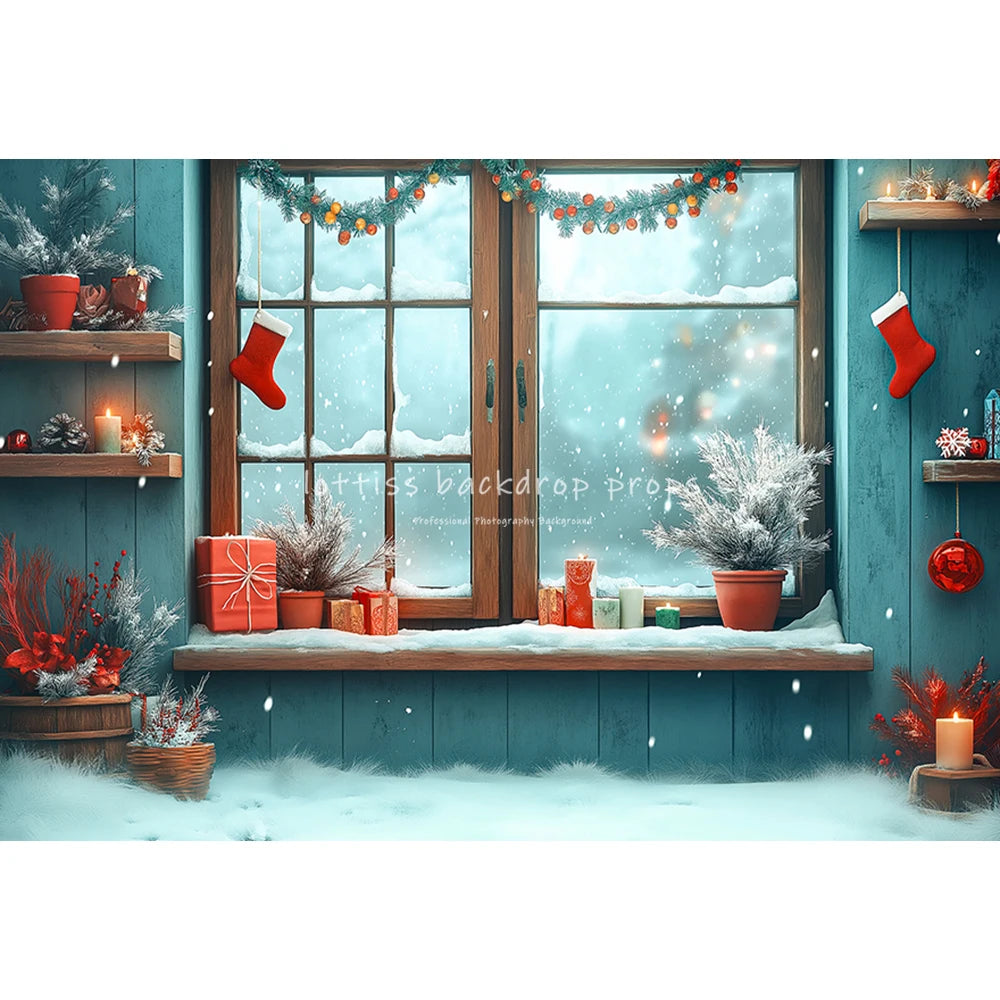 Christmas Windows Fireplace Backdrops Kids Adult Photography Child Photocall Xmas Trees Wreath Curtains Winter Backgrounds