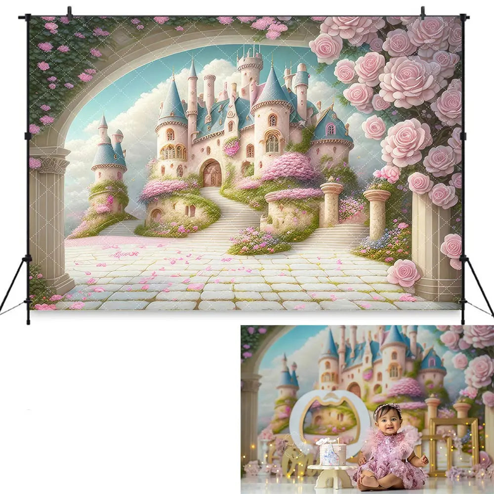 Beautiful Castle View Backdrop Kids Baby Cake Smash Photography Props Pink Floral Child Girls Adult Birthday Backgrounds