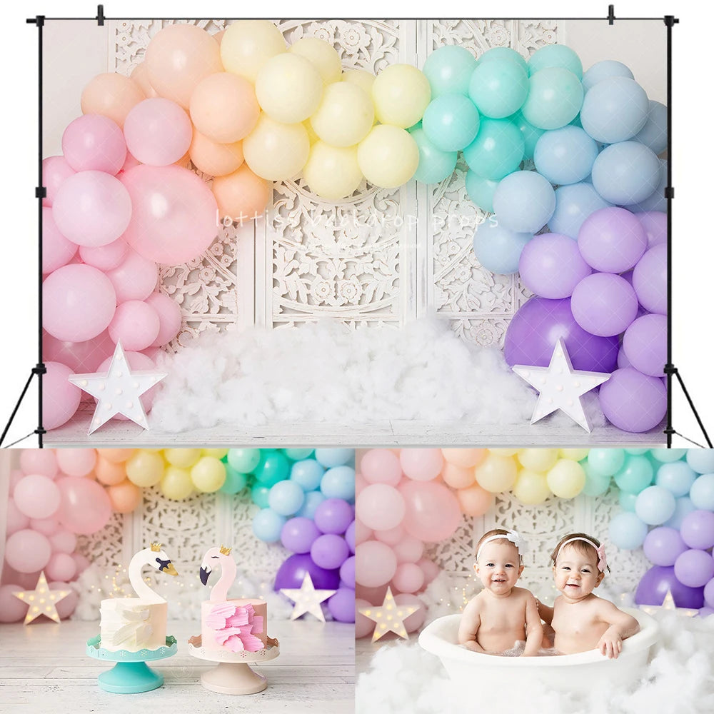 Star Crossed Rainbow Backdrops Kids Baby Cake Smash Birthday Backdrops Child Photocall Balloons Photocall Backgrounds