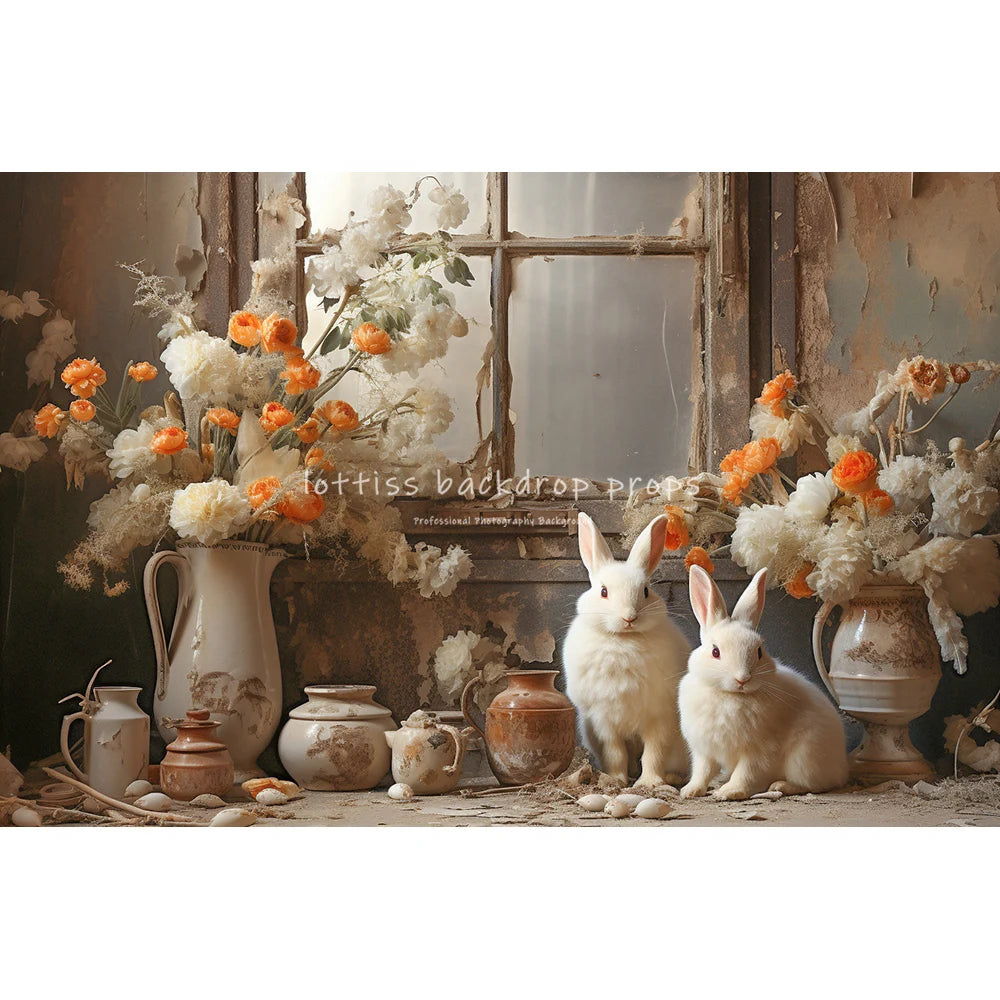 Easter Bunny With Flowers Vase Backdrops Kids Baby Photocall Child Adult Photocall Flower Windows Wooden Wall Backgrounds