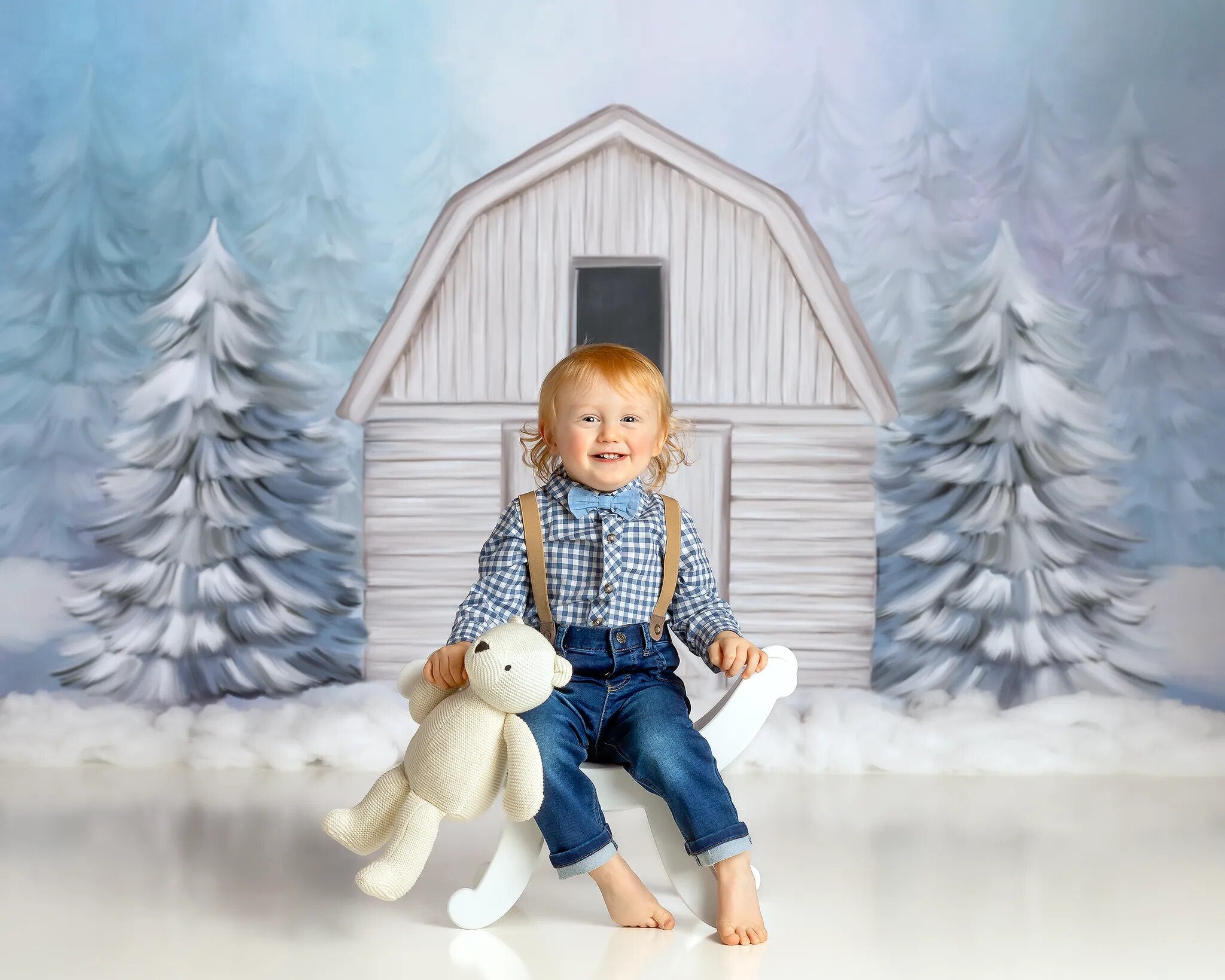 Arrière-plan de grange enneigée blanche, photographie de Portrait d'enfant et d'enfant, accessoires de séance photo pour bébé adulte, arbres de noël, arrière-plan avant de maison de neige 