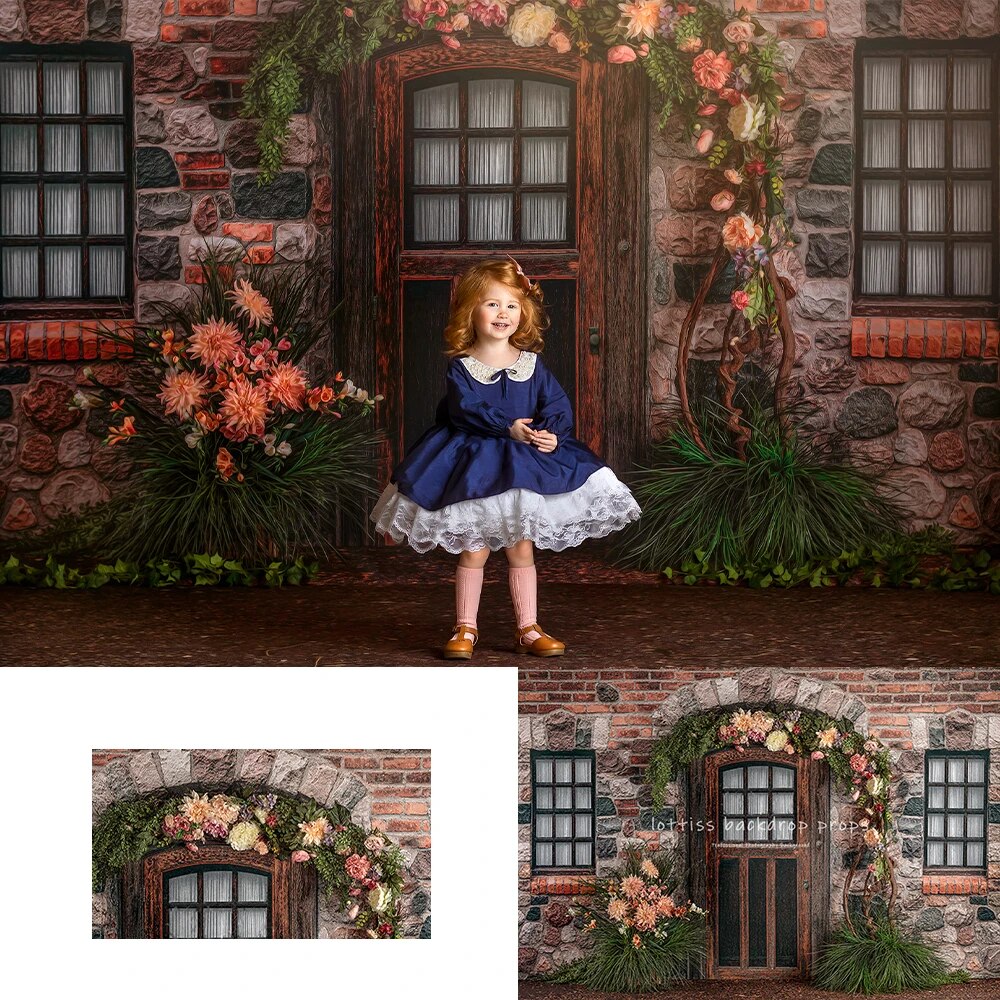 Village Floral Square Backdrops Girl Kids Photography Props Child Baby Photocall Retro Brick House Garden Window Background