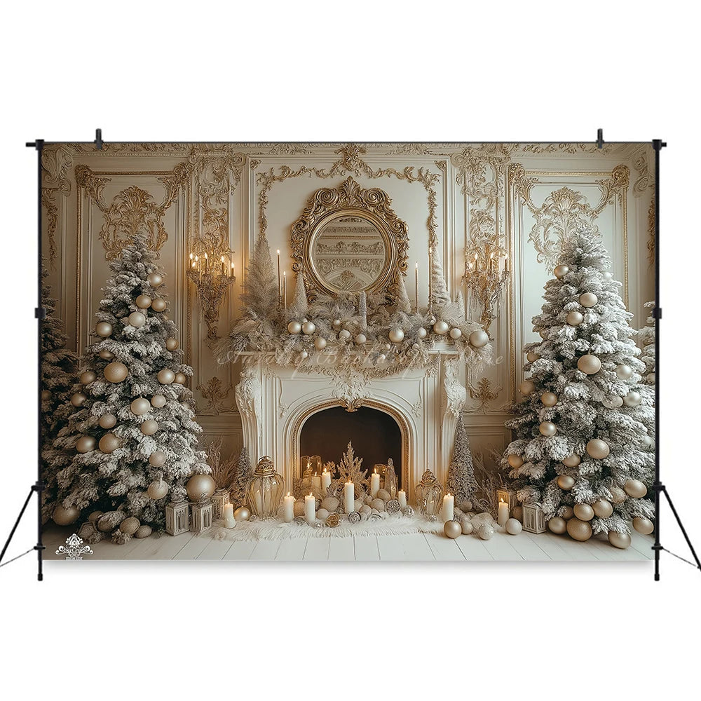 Christmas Backdrop with Fireplace and Xmas Trees Child Baby Birthday Cake Smash Photography Decor Girls Adult Studio Backgrounds