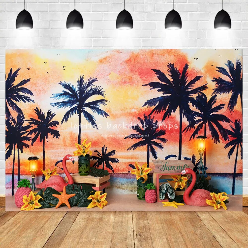 Summer Sunset Beach Backdrops Kids Baby Cake Smash Birthday Props Girl Children Palm Tree Flamingo Starfish Decor Background