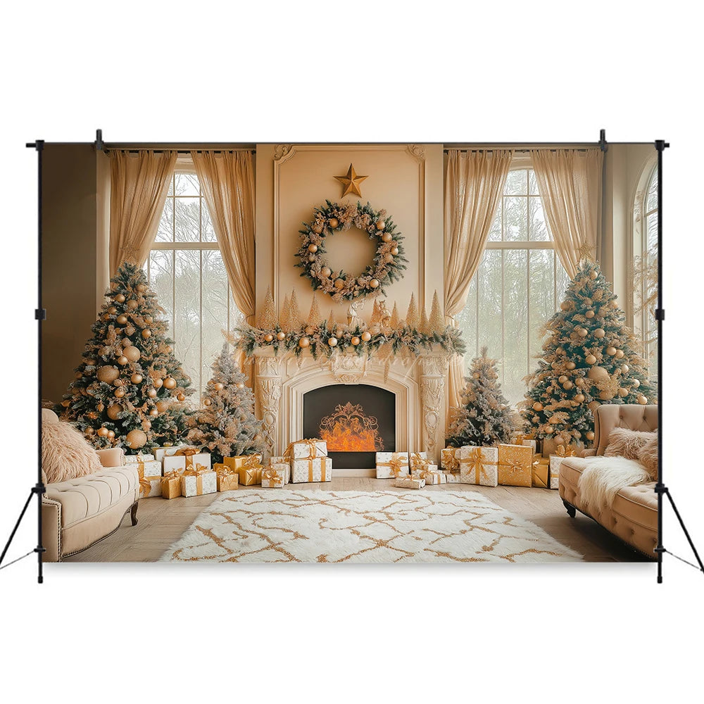 Christmas Backdrop with Fireplace and Large Window Baby Kids Portrait Family Party Photocall Photograhy Background Birthday Prop