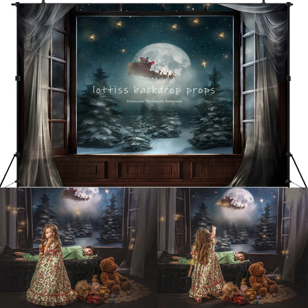 Christmas Eve Wish Santa Backdrops Kids Baby Photography Props Child Adult Photocall Decors Big Moon Xmas Windows Background