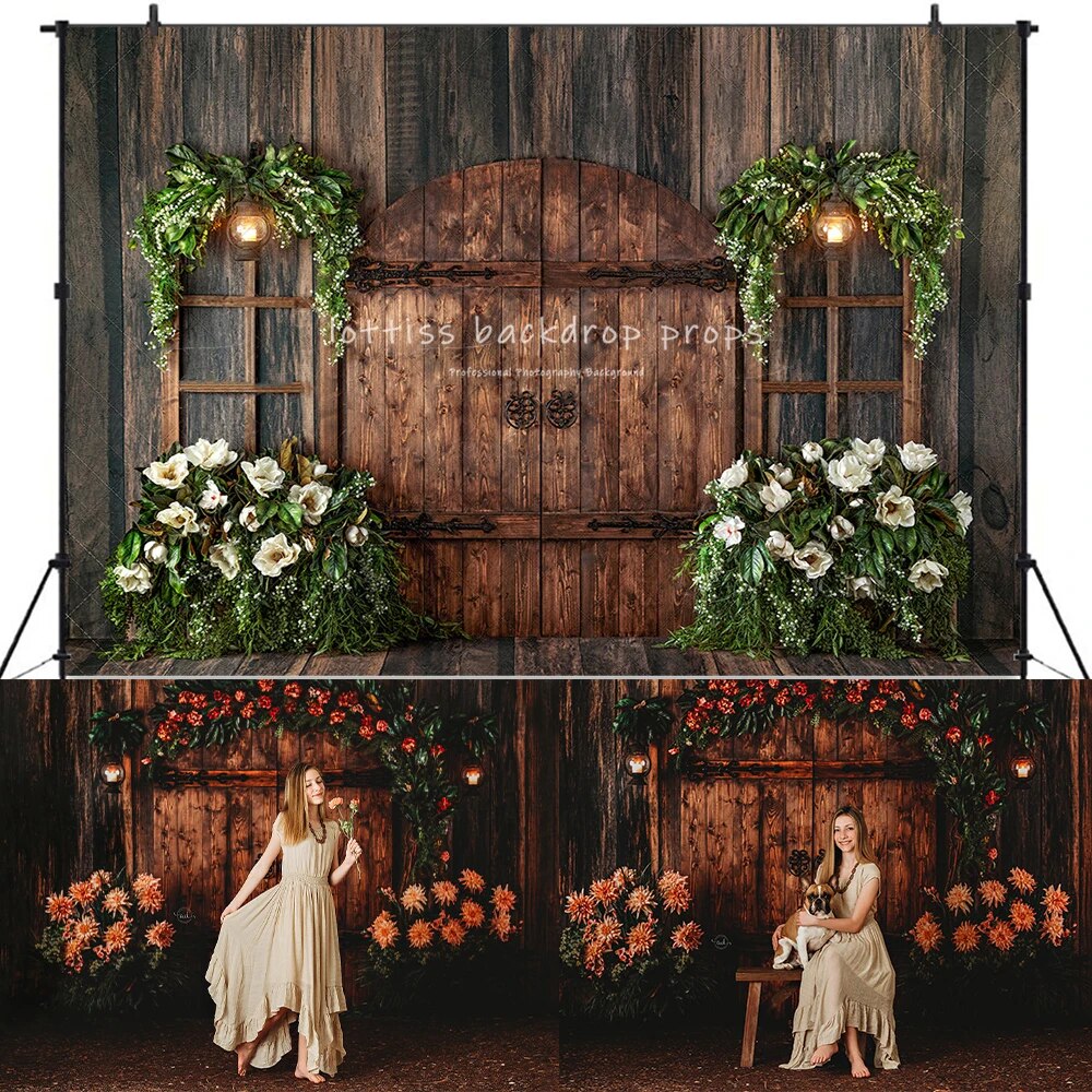 Reclaimed Garden of Alabaster Backdrops Kids Girl Photography Props Child Baby Wooden Door Spring Flower Wall Background