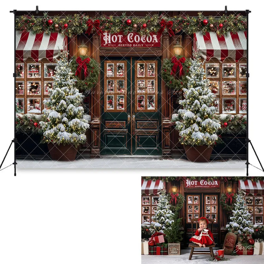 Elegant White Christmas Fireplace Backdrop Winter Street and Store Front Kids Baby Cake Smash Photography Decors