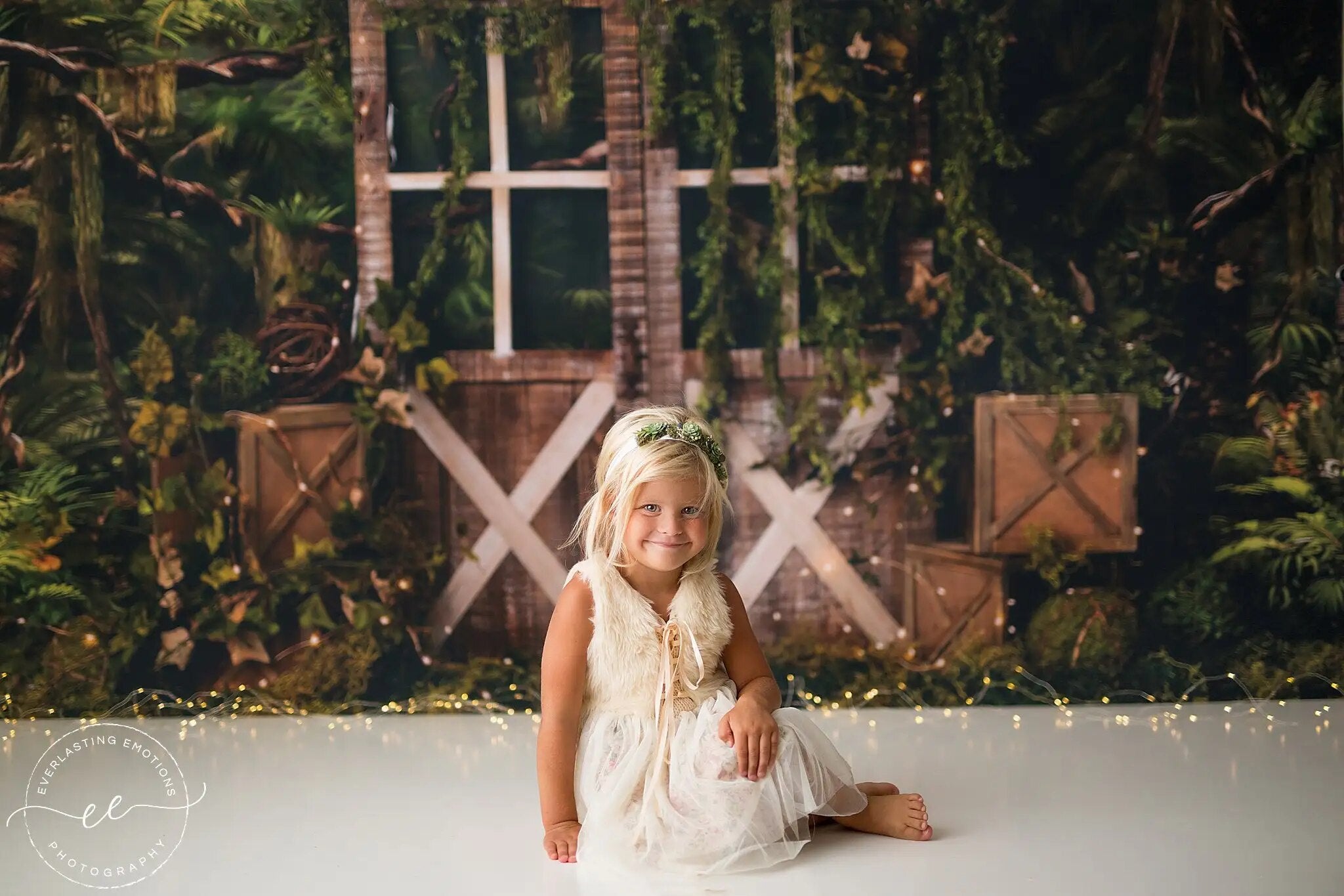 Arrière-plan de forêt tropicale pour photographie d'enfants, accessoires de gâteau d'anniversaire pour séance photo, thème sauvage, porte en bois