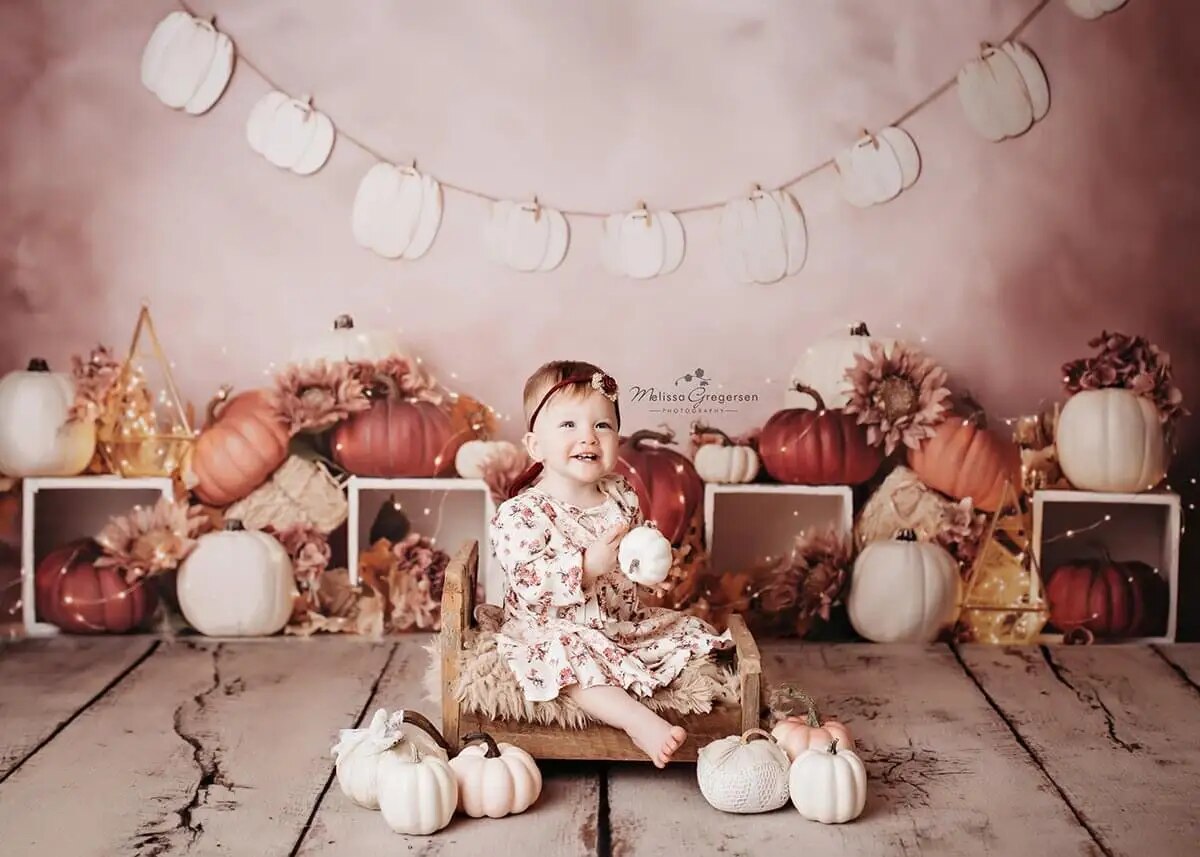 Arrière-plan sur le thème de la citrouille rose, accessoires de gâteau d'anniversaire pour enfants filles, décors pour séance photo pour bébés et enfants, arrière-plan de ferme de récolte d'automne 