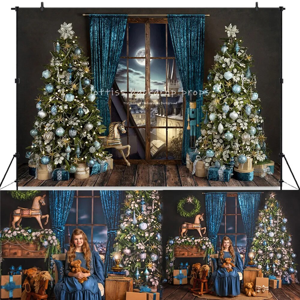 Blue Festivity Christmas Livingroom Backdrops Child Family Photocall Props Xmas Trees Windows Background For Baby Photostudio